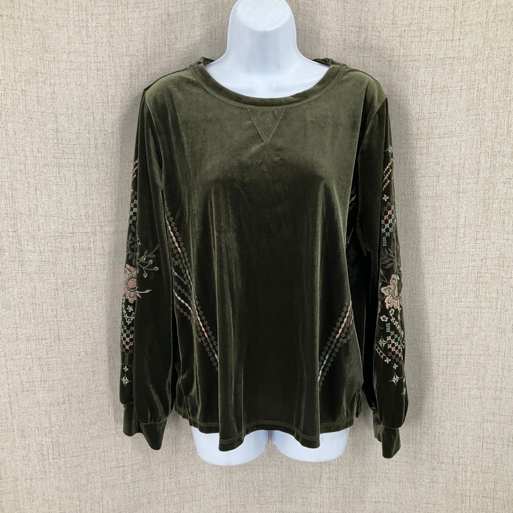 Kate & Sam Top Women Medium Green Velvet Embroidered Boho Long Sleeve Classic